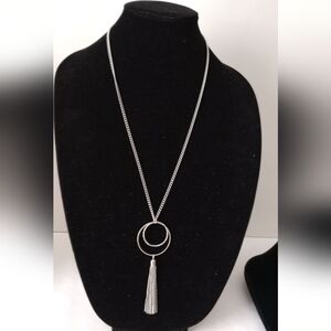 Elegant 28"Silvertone Necklace With Double Circle Tassel Pendant